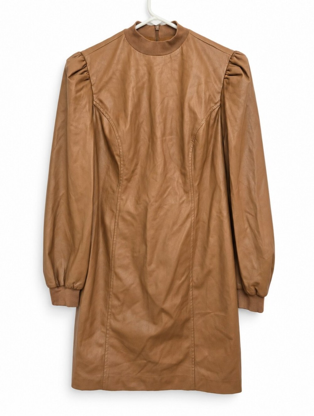 Trina Turk Faux Leather Puff Sleeve Dress Camel Size 2